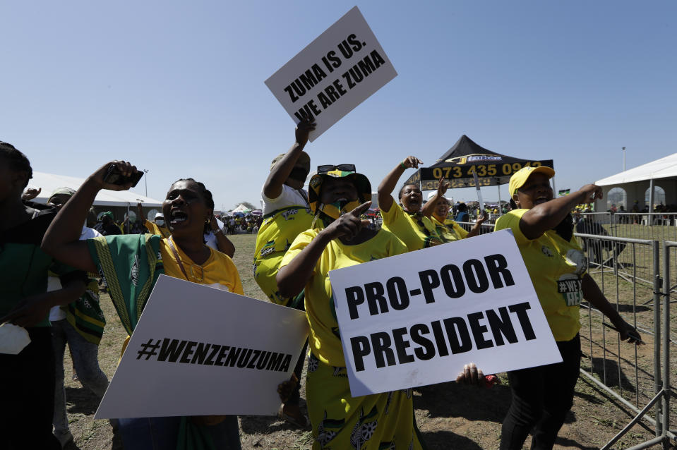 Supporters of former President Jacob Zuma attend a welcoming prayer rally in Durban, South Africa, Thursday, Oct.14, 2021. Zuma was recently released on medical parole after serving part of a 15-month jail term for contempt of court. (AP Photo/Themba Hadebe)