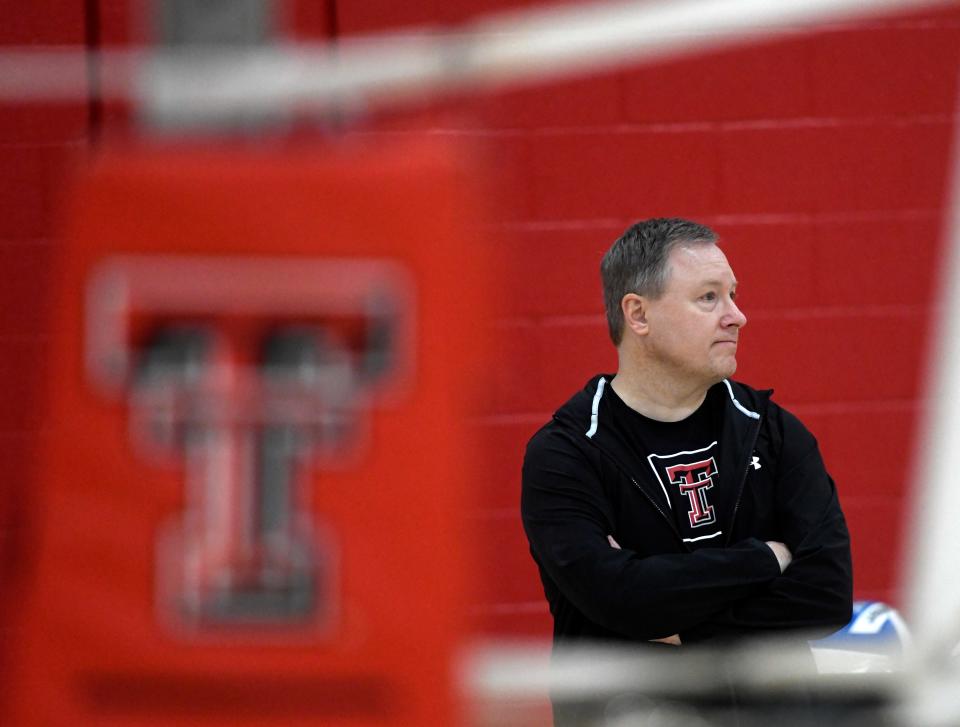 Texas Tech's head volleyball coach Tony Graystone watches a drill during practice, Tuesday, Aug. 9, 2022, at the United Supermarkets Arena.