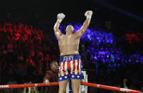 Tyson Fury, of England, celebrates after defeating Tom Schwarz, of Germany, during a heavyweight boxing match Saturday, June 15, 2019, in Las Vegas. (AP Photo/John Locher)