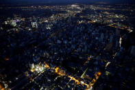 FILE PHOTO: An aerial view shows central Sapporo city during blackout after an earthquake hit the area in Sapporo, Hokkaido, northern Japan, in this photo taken by Kyodo September 6, 2018. Mandatory credit Kyodo/via REUTERS