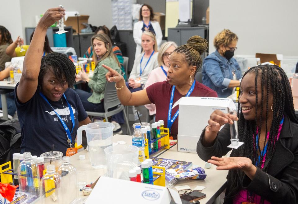 MPS elementary school teachers test classroom STEM experiments during training at Montgomery Public School central office in Montgomery, Ala., on Thursday, Feb. 22, 2024.