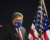 U.S. Attorney General William Barr arrives to speak with federal officials for a panel discussion on combatting human trafficking at the U.S. Attorney's Office on Monday, Sept. 21, 2020, in Atlanta. (AP Photo/Brynn Anderson)