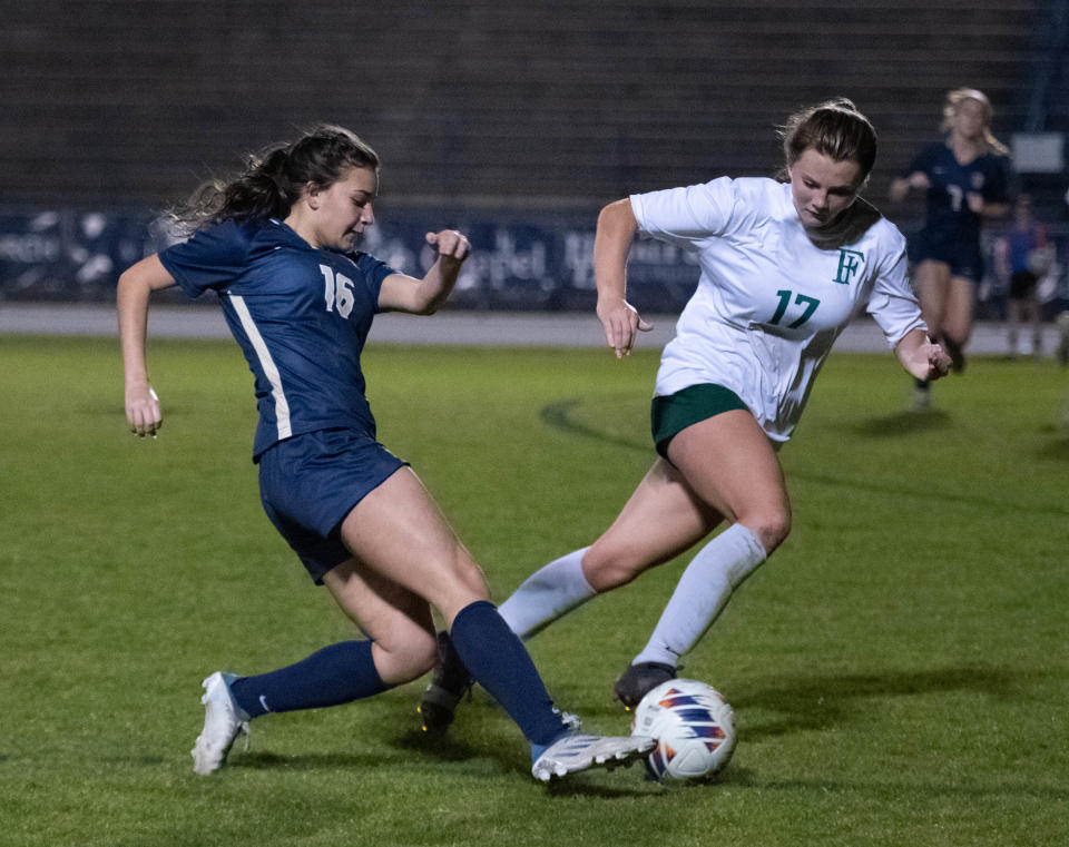 Jazmin Roltsch (15) passes the ball during the Fleming Island vs Gulf Breeze Region 1-6A Final girls soccer game at Gulf Breeze High School in Gulf Breeze on Tuesday, Feb. 14, 2023.