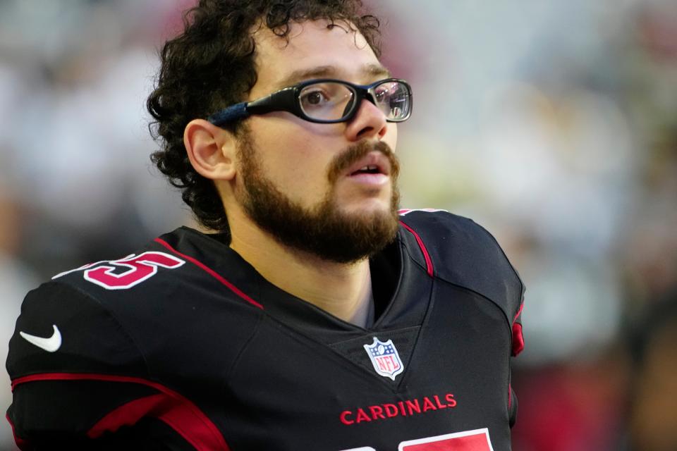 October 20, 2022; Glendale, Ariz; USA; Cardinals kicker Rodrigo Blankenship warms up prior to a game at State Farm Stadium. Mandatory Credit: Patrick Breen-Arizona Republic