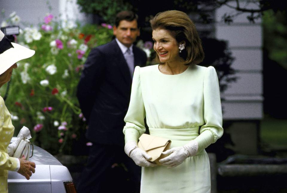 <p>Jacqueline Kennedy Onassis is pictured at her daughter Caroline B. Kennedy's wedding.</p>