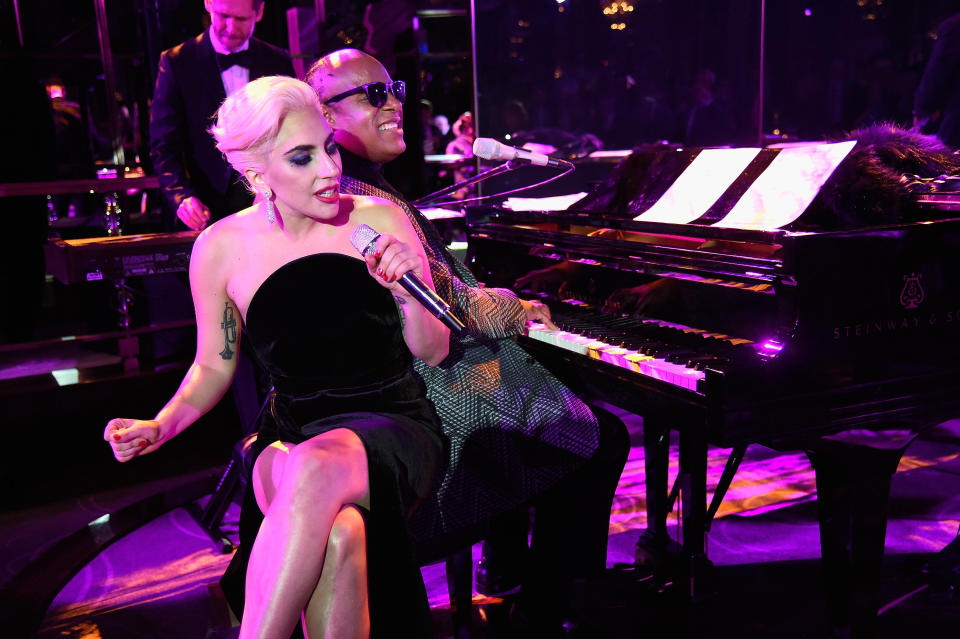 NEW YORK, NY - AUGUST 03: (EXCLUSIVE COVERAGE)  Lady Gaga (L) and Stevie Wonder perform during a celebration of music legend Tony Bennett's 90th birthday at The Rainbow Room on August 3, 2016 in New York City.  (Photo by Kevin Mazur/Getty Images for RPM)