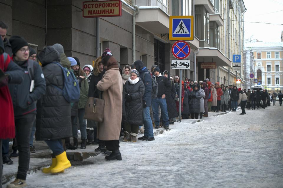 FILE - People line up in Moscow, Russia, on Saturday, Jan. 20, 2024, to sign petitions for the candidacy of Boris Nadezhdin, a liberal Russian politician is seeking to run in the March 17 presidential election. Supporters lined up not just in progressive cities like Moscow and St. Petersburg but also in Krasnodar in the south, Saratov and Voronezh in the southwest and beyond the Ural Mountains in Yekaterinburg. There also were queues in the Far East city of Yakutsk, 450 kilometers (280 miles) south of the Arctic Circle, where Nadezhdin's team said up to 400 people a day braved temperatures that plunged to about minus 40 Celsius (minus 40 Fahrenheit) to sign petitions. (AP Photo, File)