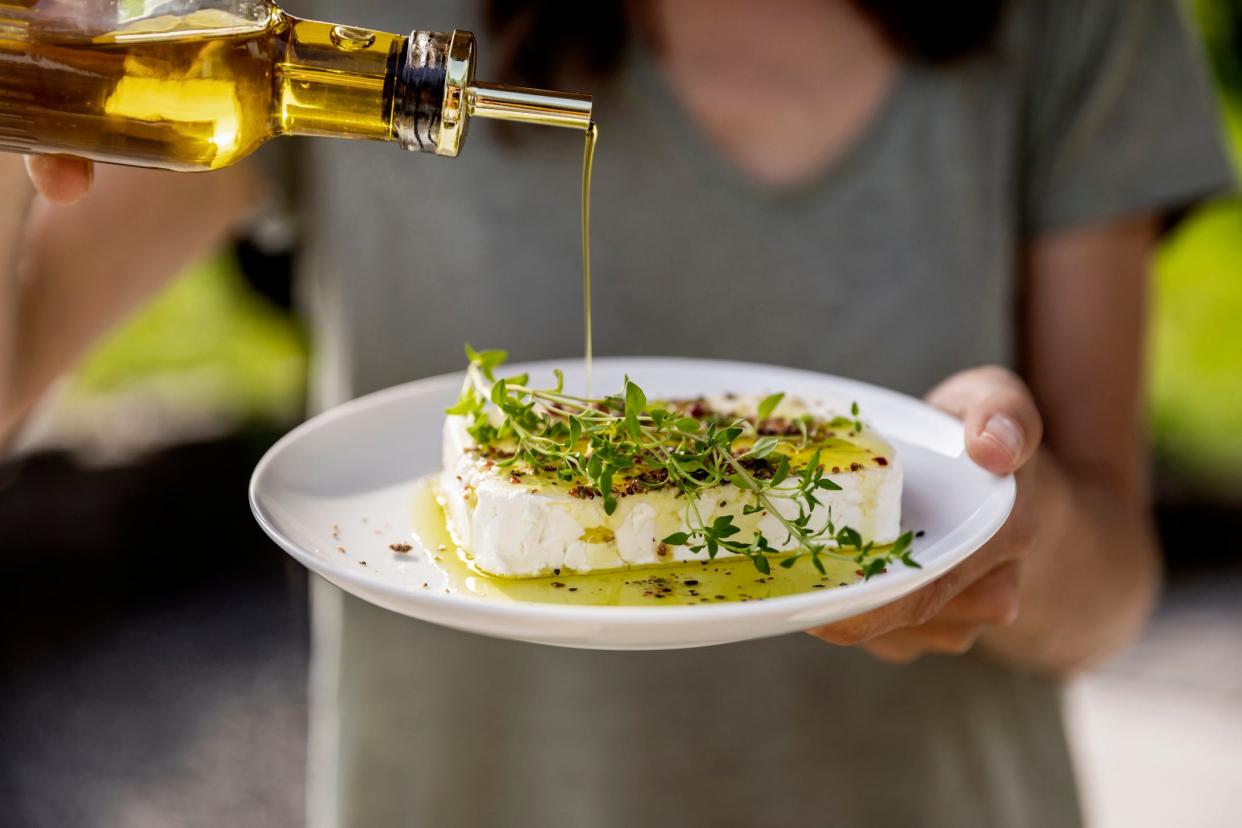 Olive oil on feta.