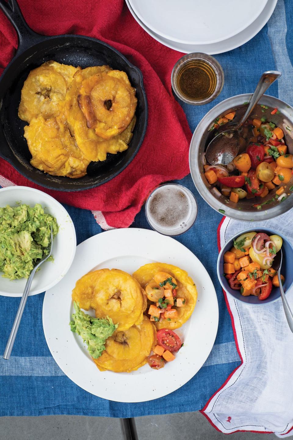 Tostones with Yam, Red Chili Salsa, and Smashed Avocado from "Roots, Heart, Soul: The Story, Celebration, and Recipes of Afro Cuisine in America" by Todd Richards with Amy Paige Condon for Harvest an Imprint of Harper Collins