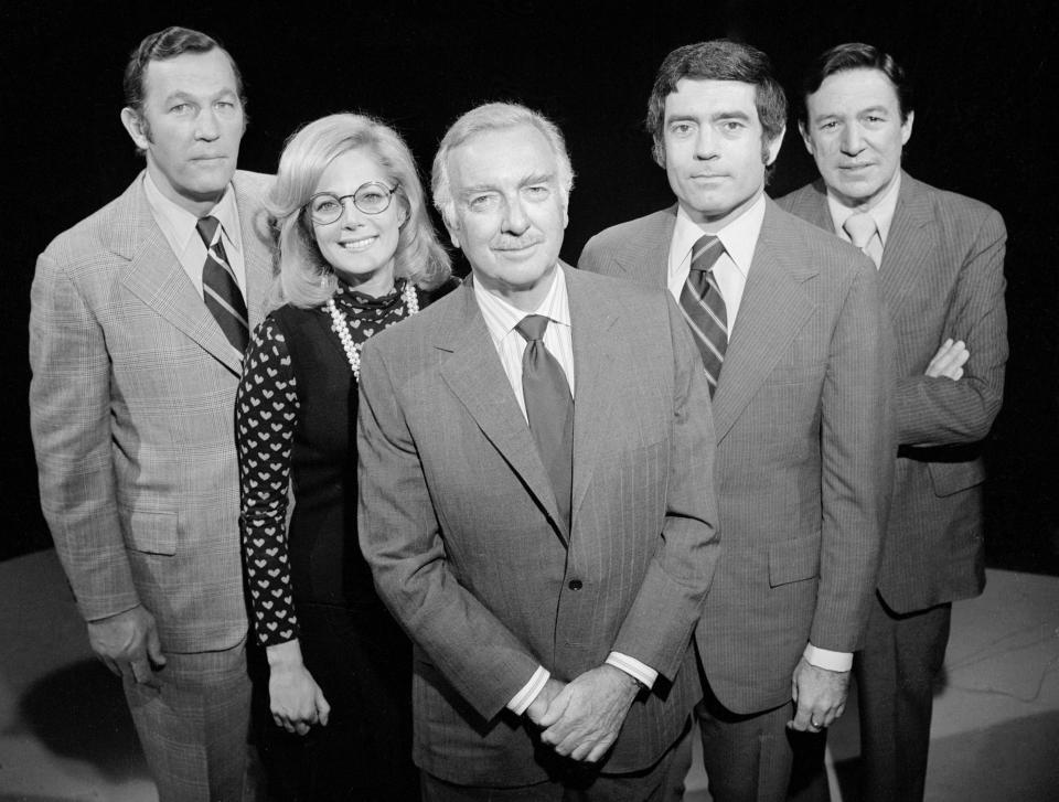 CBS News anchor Walter Cronkite and his Election Night '74 team, from left: Roger Mudd, Lesley Stahl, Cronkite, Dan Rather, and Mike Wallace. / Credit: CBS via Getty Images