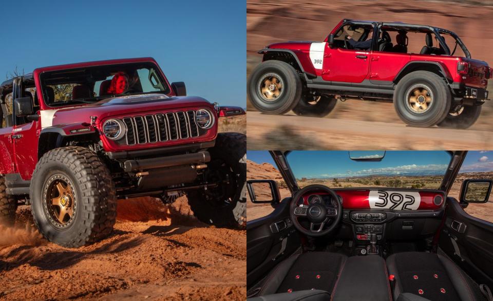 a red jeep on a dirt road