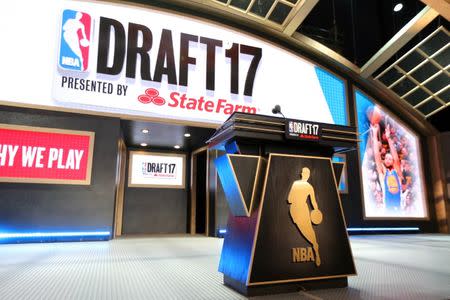 Jun 22, 2017; Brooklyn, NY, USA; General view of the stage before the 2017 NBA Draft at Barclays Center. Mandatory Credit: Brad Penner-USA TODAY Sports