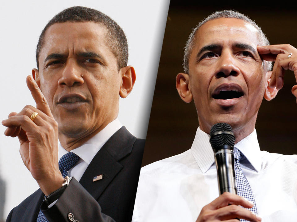 President Obama in 2009, left, and in 2016. (Photos: Charles Dharapak/Jacquelyn Martin/AP)