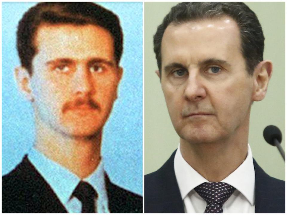 Side-by-side images show head and shoulder images of Bashar Al-Assad some time before 1994, and in 2023.