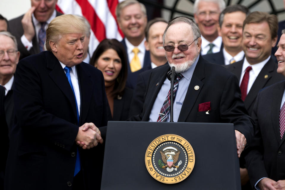 President Trump shakes hands with GOP Rep. Don Young of Alaska at the White House after Congress passed the Tax Cuts and Jobs Act, Dec. 20, 2017. (Photo: Alex Edelman/ZUMA Wire)