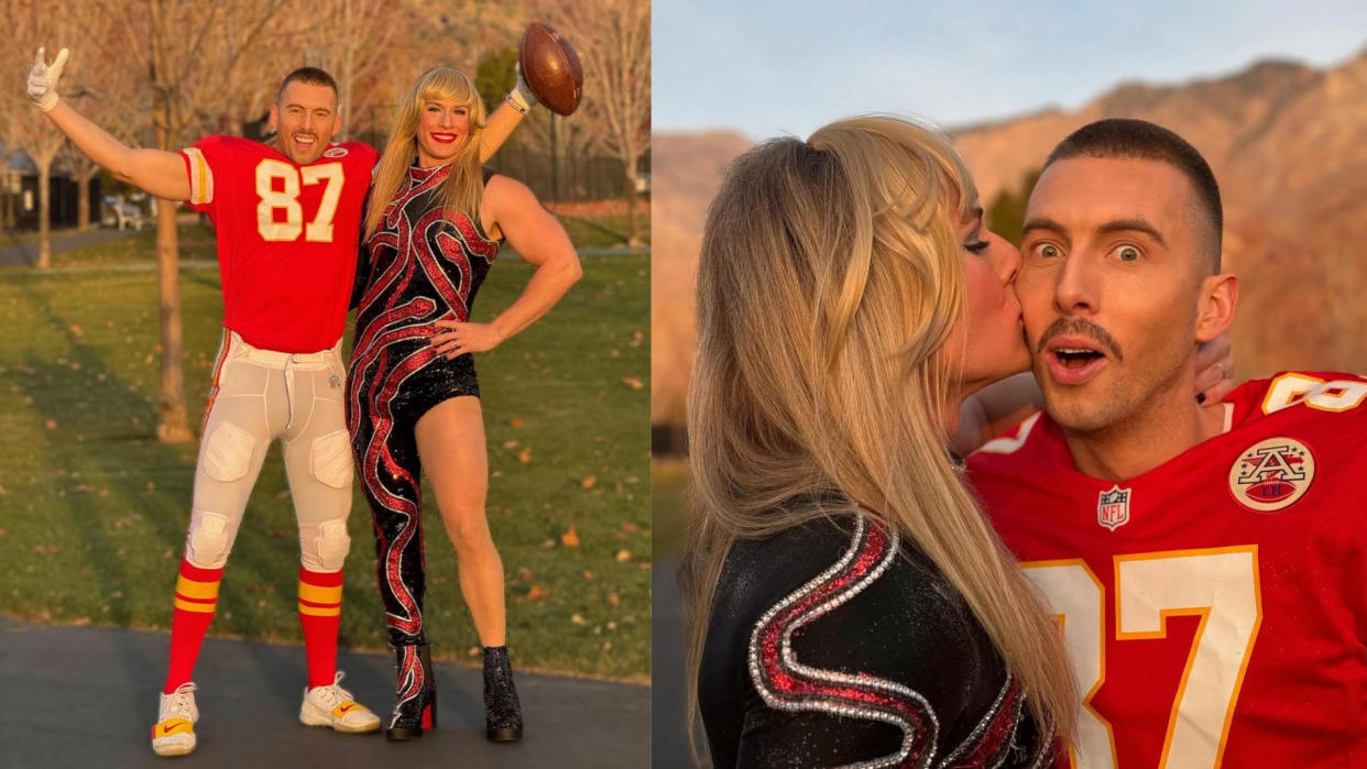 Charlie Bird as Travis Kelce and Ryan Clifford as Taylor Swift during Halloween 2023. / Credit: @mrcharliebird/@itsryanclifford via Instagram