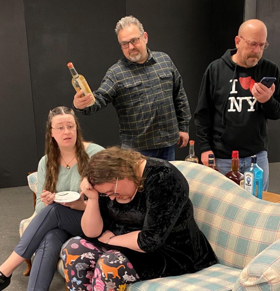 Rehearsing "God of Carnage" are (clockwise) Beth Duey (in black shirt, seated), Ashley Powers, Ron Roberts and Brian Burchette-Ross.