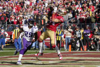 San Francisco 49ers wide receiver Kendrick Bourne, right, catches a pass for a touchdown in front of Minnesota Vikings cornerback Xavier Rhodes (29) during the first half of an NFL divisional playoff football game, Saturday, Jan. 11, 2020, in Santa Clara, Calif. (AP Photo/Tony Avelar)