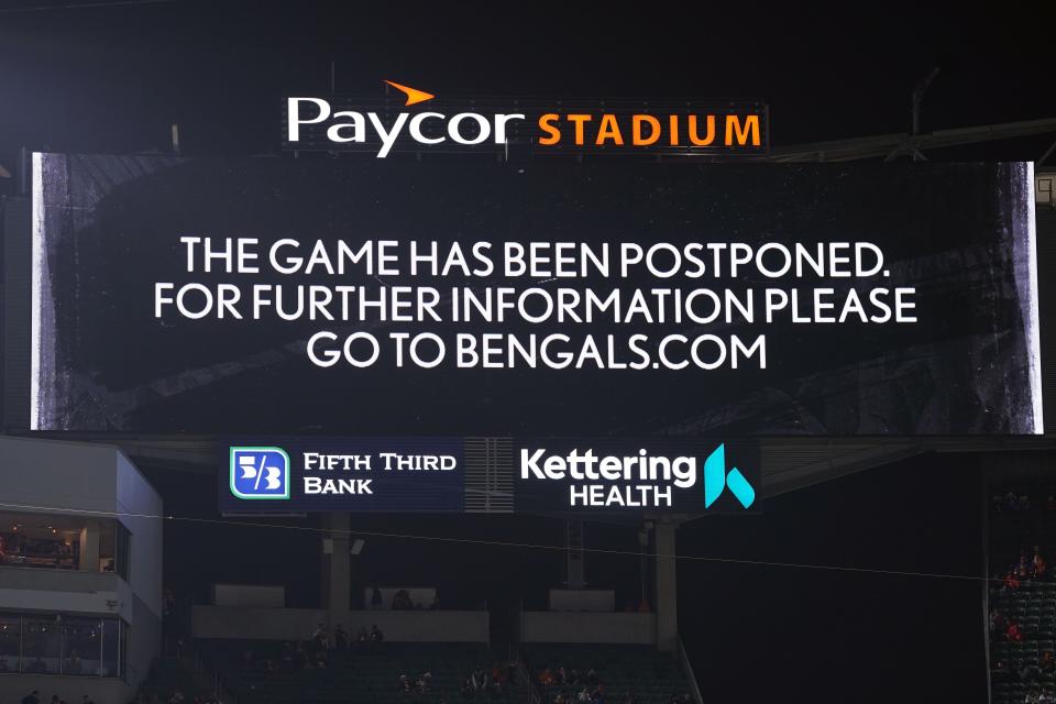 CINCINNATI, OHIO - JANUARY 02: An announcement is displayed on the scoreboard as the game between the Cincinnati Bengals and the Buffalo Bills is postponed following the injury of Damar Hamlin #3 of the Buffalo Bills during the first quarter at Paycor Stadium on January 02, 2023 in Cincinnati, Ohio. (Photo by Dylan Buell/Getty Images)