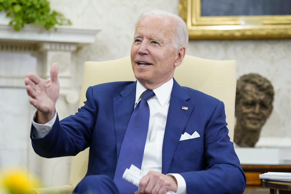 President Joe Biden speaks during his meeting with Iraqi Prime Minister Mustafa al-Kadhimi in the Oval Office of the White House in Washington, Monday, July 26, 2021. (AP Photo/Susan Walsh)