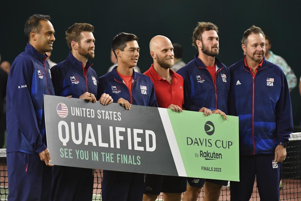 Team USA poses for a photo after defeating Uzbekistan in a Davis Cup qualifier at Uzbekistan. (AP Photo)