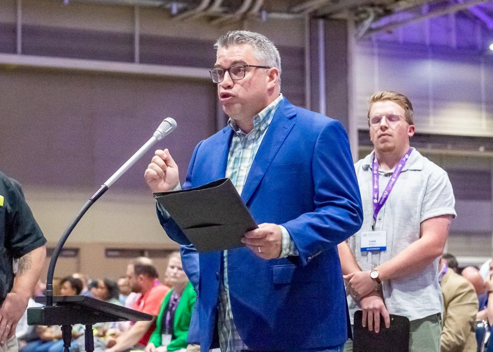 SBC Executive Committee member Dean Inserra speaks at the 2023 SBC annual meeting to speak in support of Freedom Church's ouster from the denomination at the New Orleans Ernest N Morial Convention Center. Tuesday, June 13, 2023.