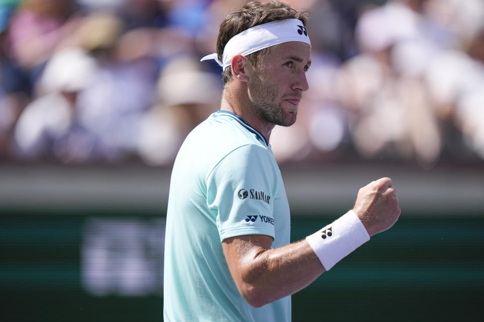 Casper Ruud, of Norway, reacts to winning a point against Gael Monfils, of France, at the BNP Paribas Open tennis tournament, Wednesday, March 13, 2024, in Indian Wells, Calif. (AP Photo/Mark J. Terrill)