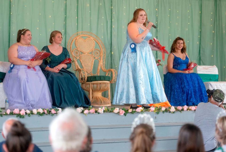 Hailey Zeigler introduces herself during the the Centre County Grange Fair Queen coronation on Wednesday, Aug. 16, 2023.