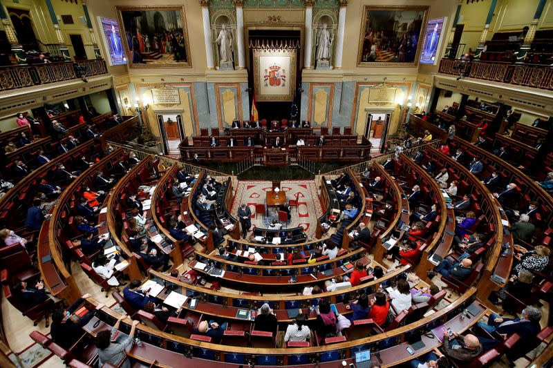 Abascal, leader of Spain's far-right party Vox, speaks during a session at Parliament in Madrid