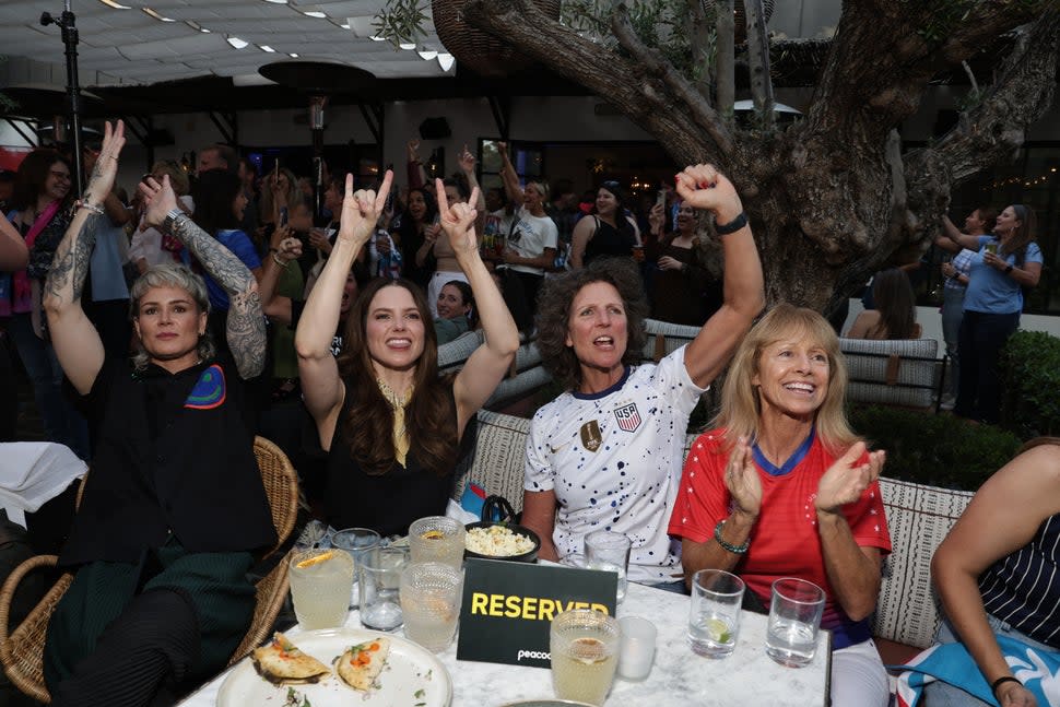 Ashlyn Harris, Sophia Bush, Michelle Akers, and Linda Gancitano watch the Women's World Cup on July 26, 2023.