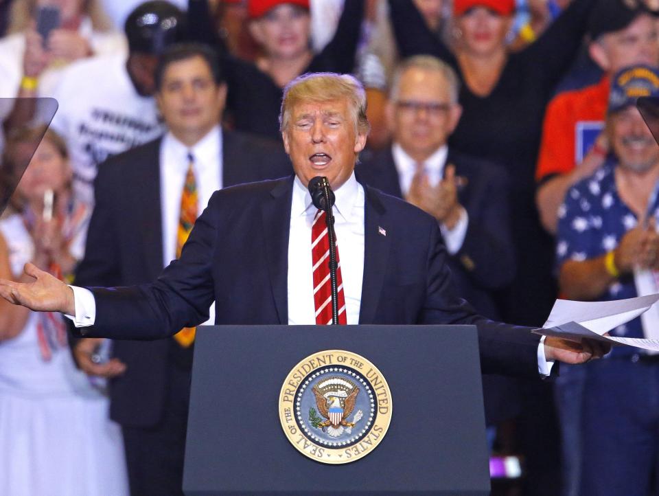 August 2017: President Donald Trump speaks during the Make America Great Again Rally in Phoenix.
