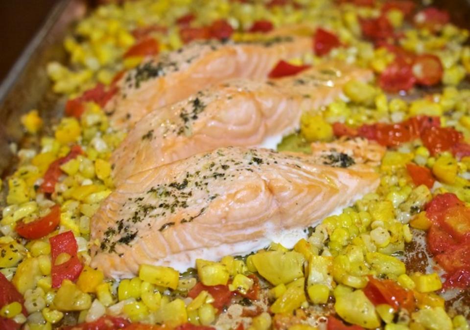 <p>The Food Hunter</p><p>Served with quinoa or rice this is a well-balanced, super healthy meal. Grab the recipe <a href="http://www.foodhuntersguide.com/2018/01/healthy-one-pan-salmon-veggies.html" rel="nofollow noopener" target="_blank" data-ylk="slk:here;elm:context_link;itc:0;sec:content-canvas" class="link ">here</a>.</p>