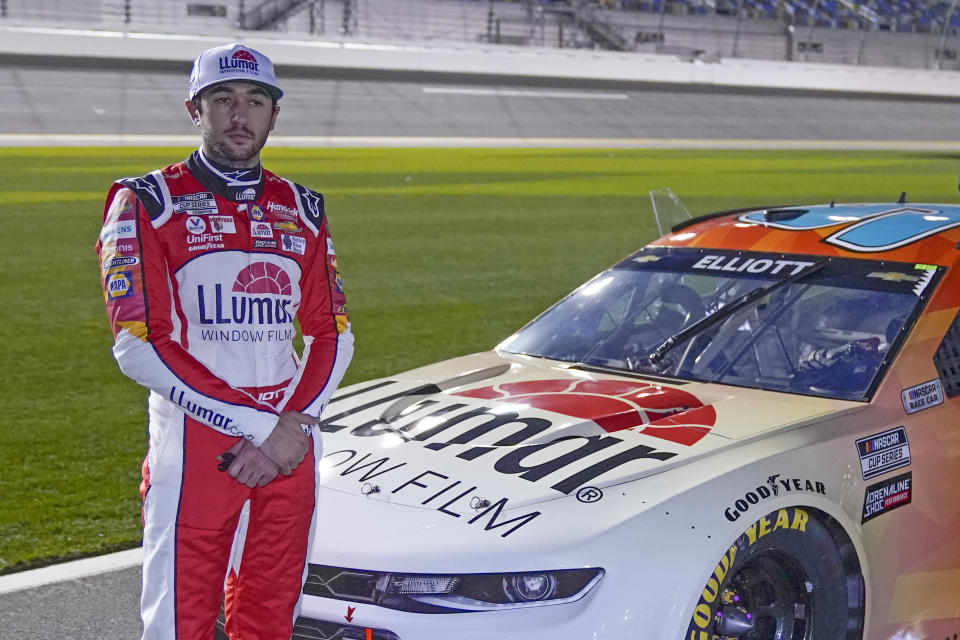 Chase Elliott waits on pit road before the start of the NASCAR Clash auto race at Daytona International Speedway, Tuesday, Feb. 9, 2021, in Daytona Beach, Fla. (AP Photo/John Raoux)