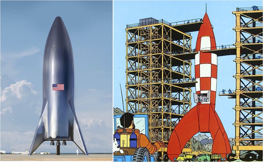 Las semejanzas del nuevo Starhopper-Starship de SpaceX con el famoso cohete de Tintín resultan obvias.