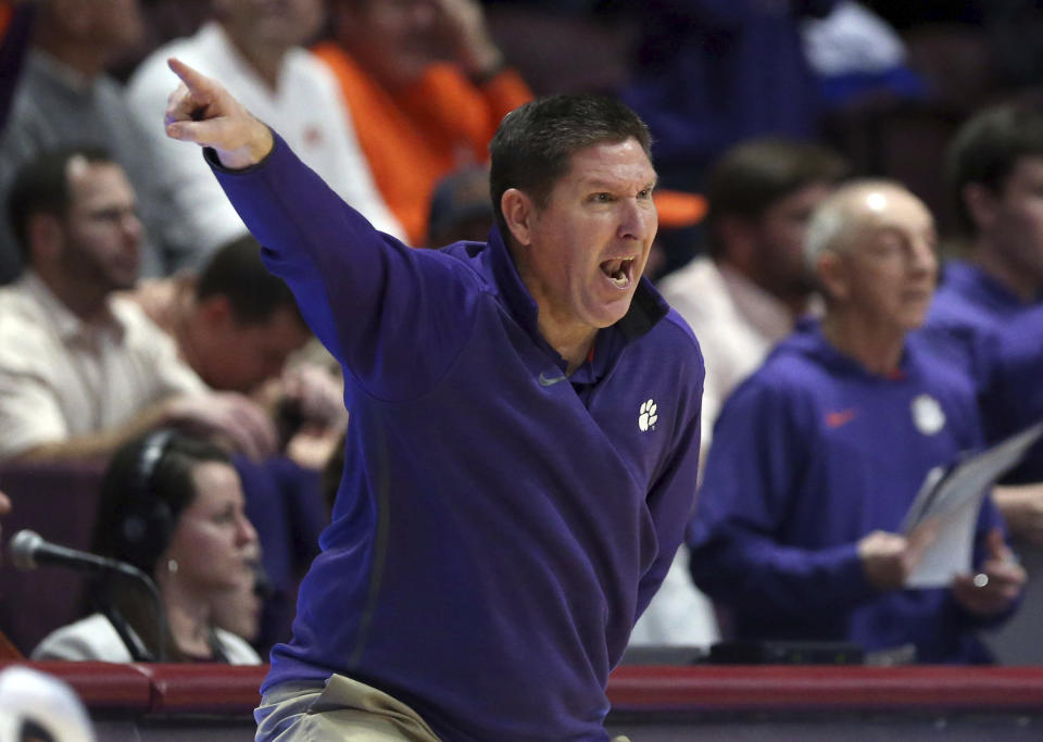 Clemson head coach Brad Brownell in the second half of the Clemson Virginia Tech NCAA basketball game in Blacksburg Va. Wednesday Jan. 4 2023. (Matt Gentry/The Roanoke Times via AP)