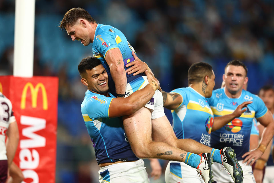 GOLD COAST, AUSTRALIA - APRIL 20: David Fifita of the Titans celebrates a try during the round seven NRL match between Gold Coast Titans and Manly Sea Eagles at Cbus Super Stadium, on April 20, 2024, in Gold Coast, Australia. (Photo by Chris Hyde/Getty Images)