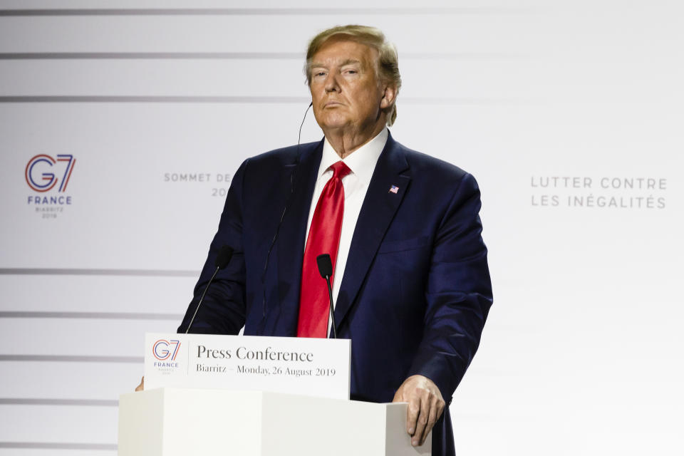 Donald Trump, President of the USA, speaks at the closing press conference of the G7 summit on 26 August 2019, in Biarritz, France. The summit took place from 24-26 August in Biarritz. (Photo by Rita Franca/NurPhoto via Getty Images) (Photo by Rita Franca/NurPhoto via Getty Images)