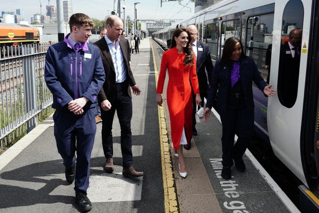 The Prince and Princess of Wales travel on London Underground’s Elizabeth line in central London, on their way to visit the Dog & Duck pub in Soho to hear how it is preparing for the coronation