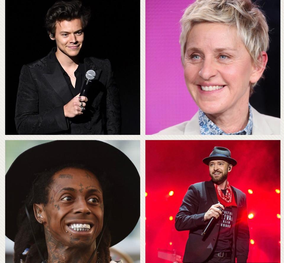 (From left) Harry Styles, Ellen DeGeneres, Justin Timberlake and Lil Wayne are among the Green Bay Packers most famous die-hard fans.