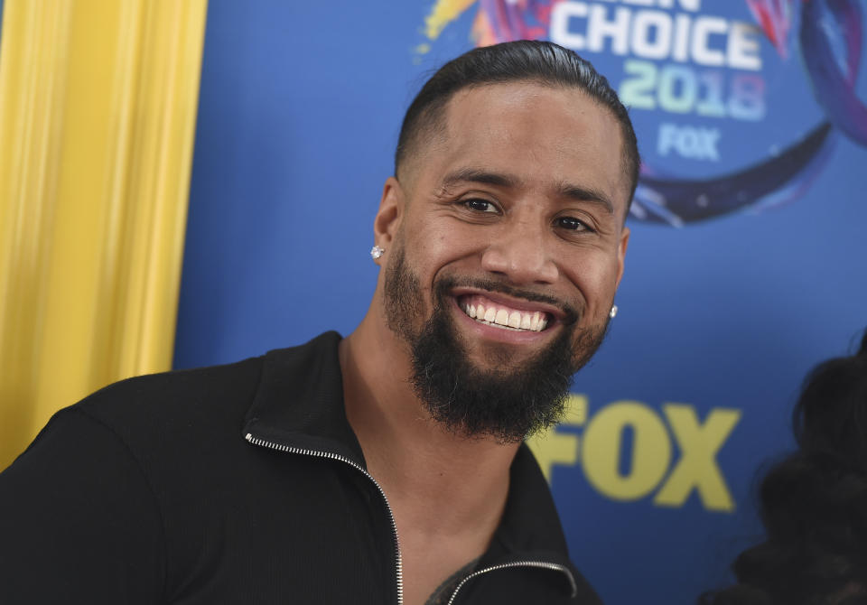 Jimmy Uso arrives at the Teen Choice Awards at The Forum on Sunday, Aug. 12, 2018, in Inglewood, Calif. (Photo by Jordan Strauss/Invision/AP)