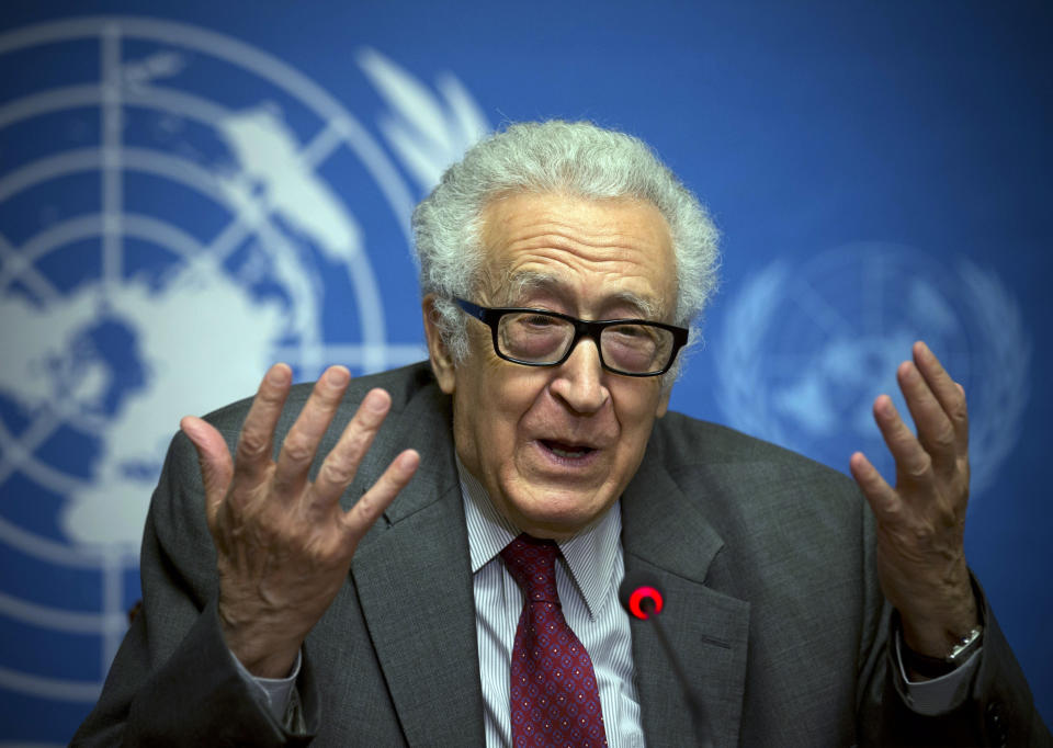 U.N. mediator for Syria Lakhdar Brahimi gestures during a press briefing at the United Nations headquarters in Geneva, Switzerland, Monday, Jan. 27, 2014. Syrians on opposite sides of their country’s civil war tried again Monday to find common ground, with peace talks focusing on an aid convoy to a besieged city that once more came under mortar attack from the government. Brahimi has seen faces like these before, barely able to remain in the same room, much less speak to each other. Lebanese, Afghans, Iraqis, now Syrians. Even, two decades ago, Algerians like himself. For days now, the veteran U.N. mediator has presided over peace talks intended to lead the way out of Syria's civil war. He brought President Bashar Assad's government and the opposition face to face for the first time on Saturday, while still ensuring that they don't have to enter by the same door or address each other directly. He is 80. He is patient. (AP Photo/Anja Niedringhaus)