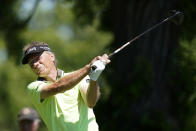 Bernhard Langer, of Germany, watches his shot off the third tee during the first round of the PGA Tour Champions Principal Charity Classic golf tournament, Friday, June 3, 2022, in Des Moines, Iowa. (AP Photo/Charlie Neibergall)