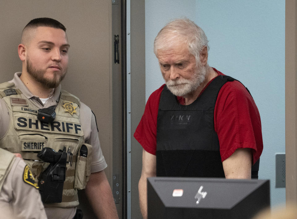 George Alan Kelly enters court for his preliminary hearing in Nogales Justice Court in Nogales, Ariz., Wednesday, Feb. 22, 2023. Kelly, faces a first-degree murder charge in the fatal shooting of Gabriel Cuen-Butimea, who lived just south of the border in Nogales, Mexico. (Mark Henle/The Arizona Republic via AP, Pool)