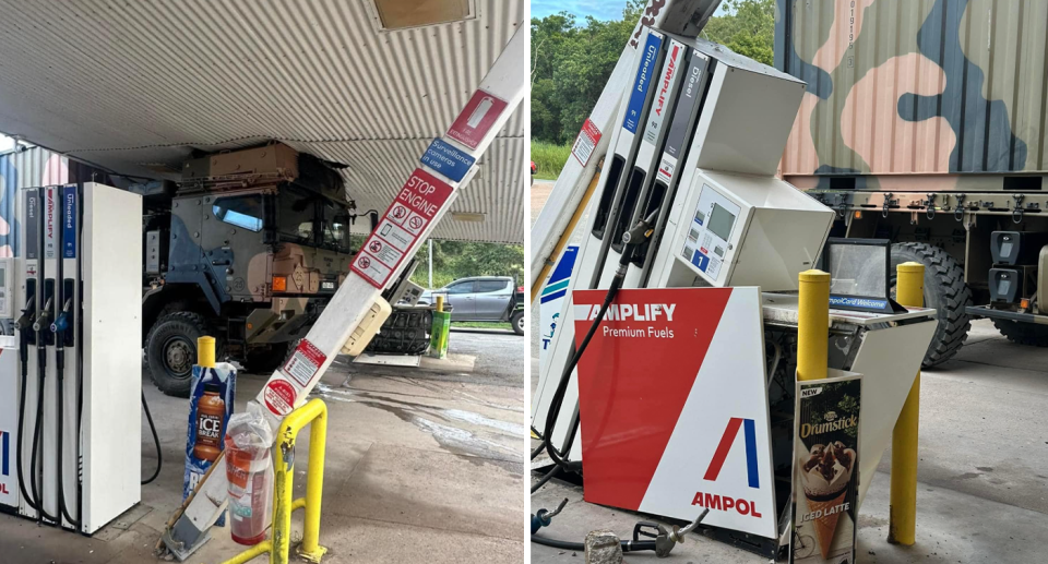 An army truck is seen having barrelled into an Ampol station on the Bruce Highway at Sarina, south of Mackay.