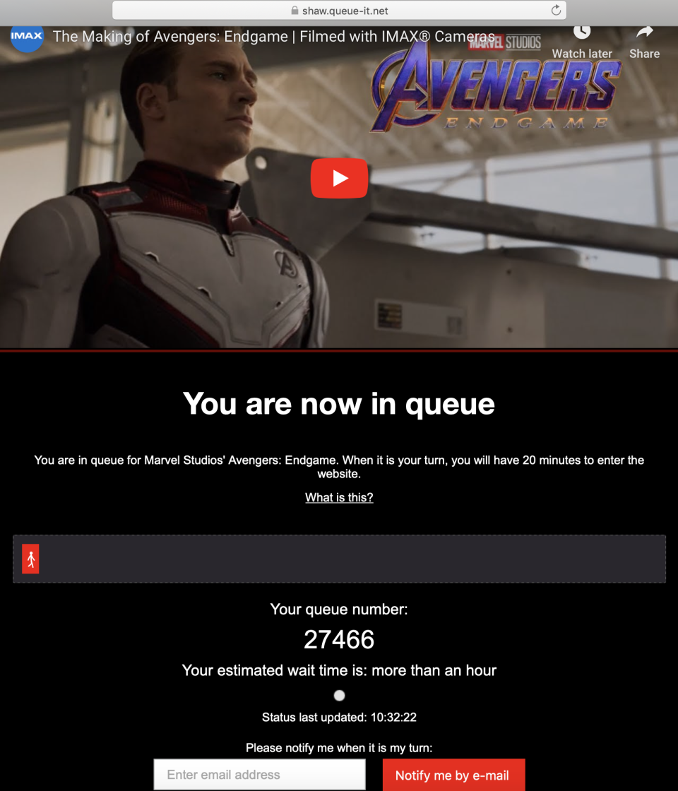 Captain America will keep you company while you queue for tickets on the Shaw website.