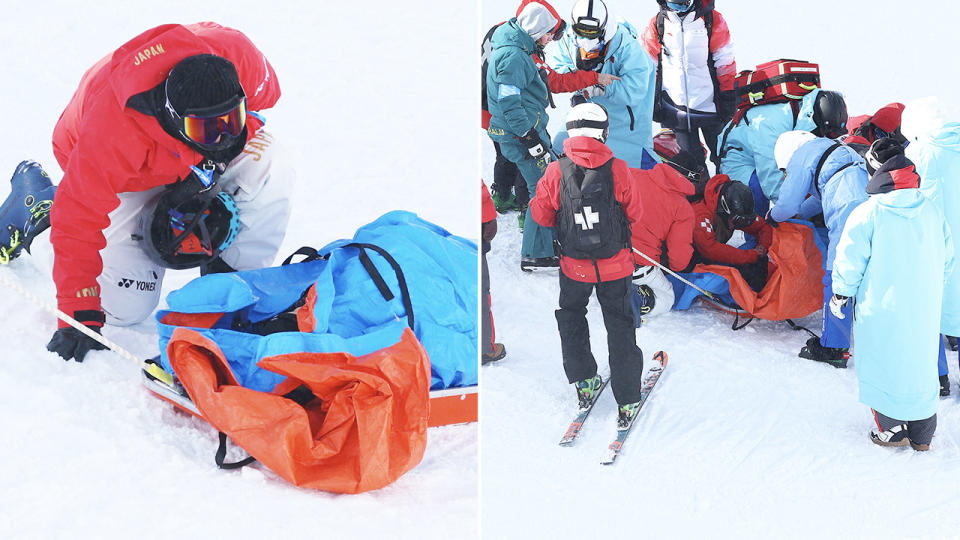 Rina Yoshika, pictured here after she injured her spine in a training crash at the Winter Olympics.