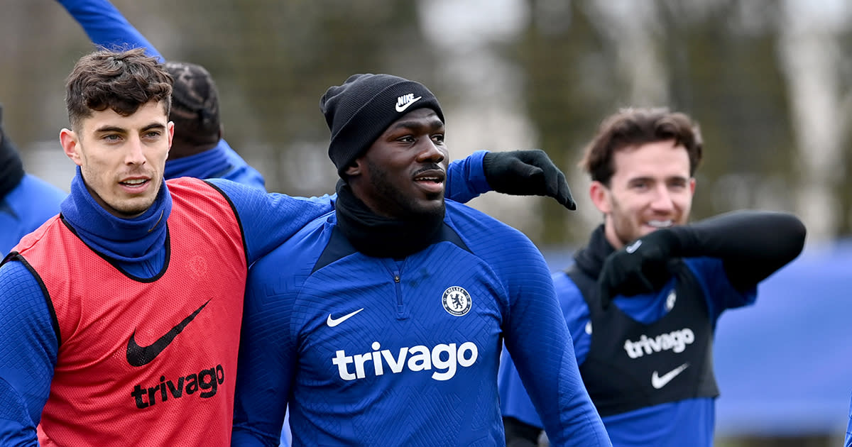  Chelsea stars Kai Havertz and Kalidou Koulibaly during a training session at Chelsea Training Ground on February 24, 2023 in Cobham, England. 