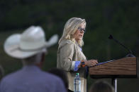 Rep. Liz Cheney, R-Wyo., speaks Tuesday, Aug. 16, 2022, at a primary Election Day gathering at Mead Ranch in Jackson, Wyo. Cheney lost to challenger Harriet Hageman in the primary. (AP Photo/Jae C. Hong)