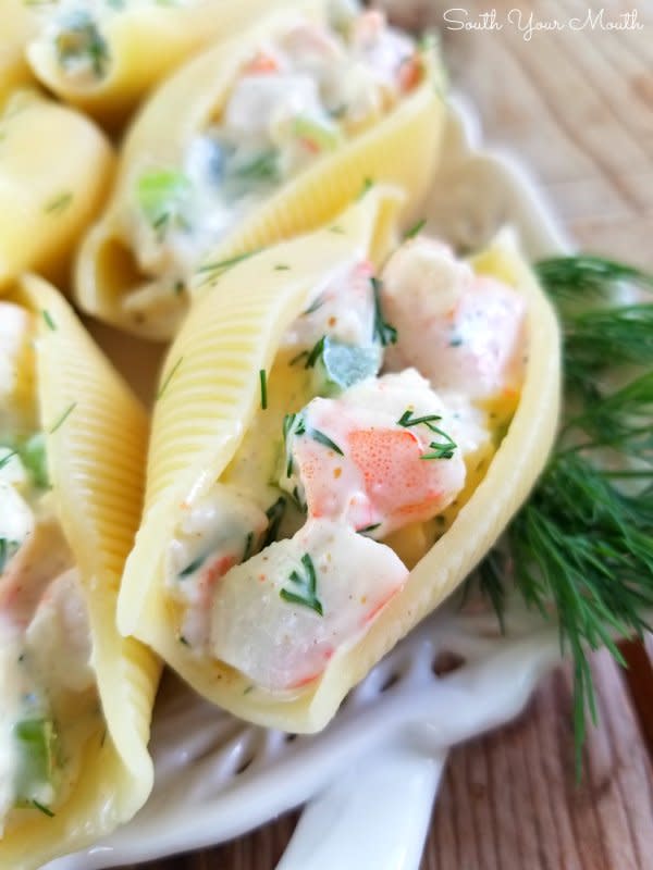 <p>South Your Mouth</p><p>So unique, you will be the only one who brings these to your next cookout.</p><p><strong>Get the recipe: <a href="https://www.southyourmouth.com/2019/05/seafood-salad-stuffed-shells.html" rel="nofollow noopener" target="_blank" data-ylk="slk:Seafood Salad Stuffed Shells;elm:context_link;itc:0;sec:content-canvas" class="link rapid-noclick-resp"> Seafood Salad Stuffed Shells</a></strong></p>