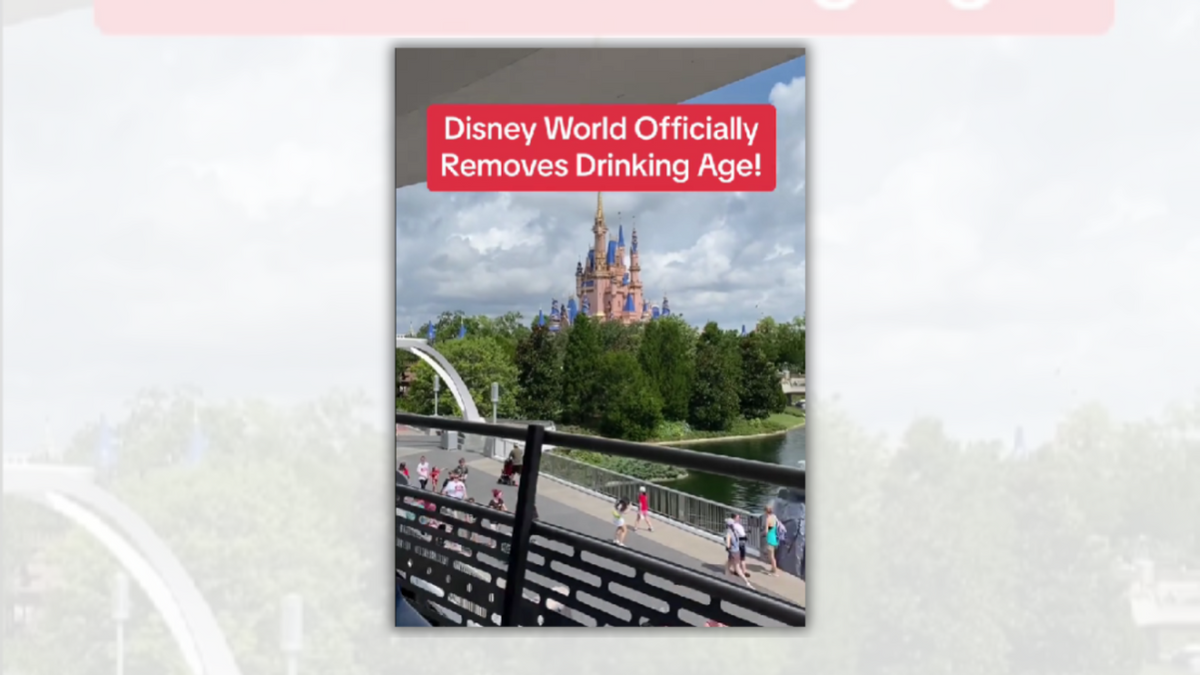 An image says "Disney World officially removes drinking age" over a picture that shows Cinderella